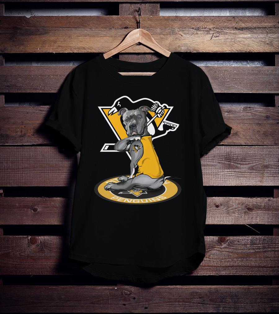 Pittsburgh Penguins Dog In Yellow Jersey With Hockey Stick T-Shirt