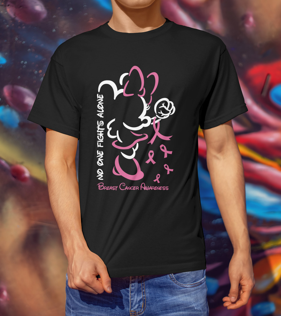 No One Fights Alone Breast Cancer Awareness Minnie Bow Pink T-Shirt