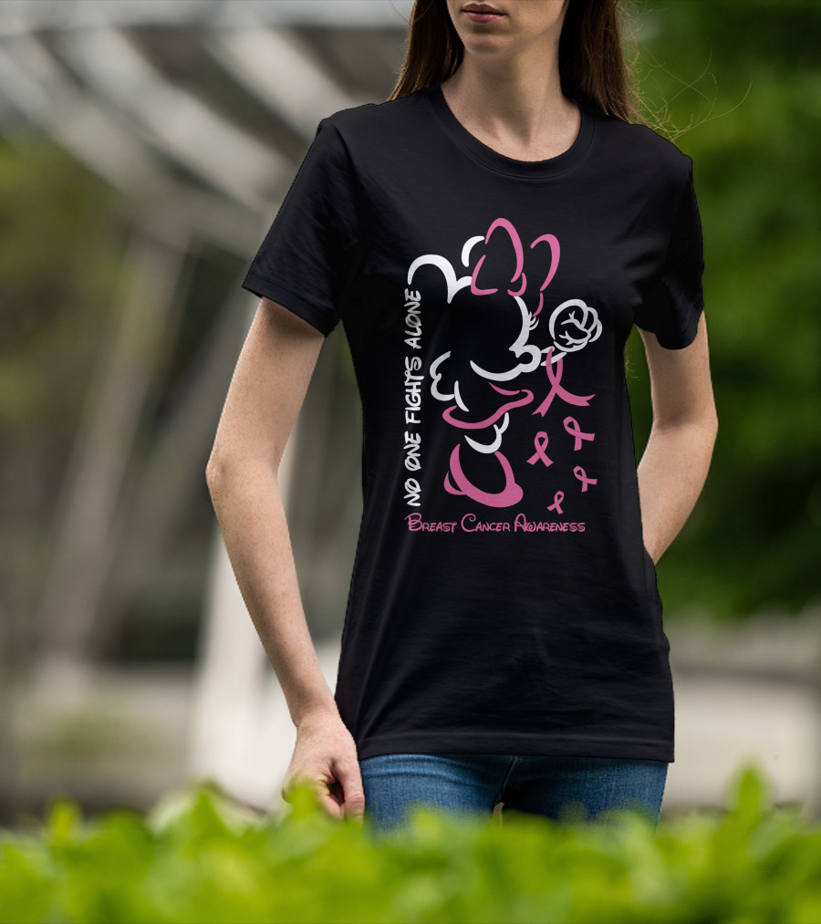 No One Fights Alone Breast Cancer Awareness Minnie Bow Pink T-Shirt
