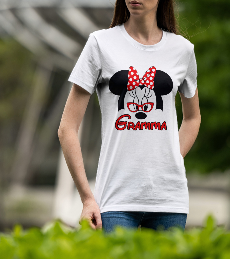 Minnie Mouse Gramma Red Glasses And Polka Dot Bow T-Shirt