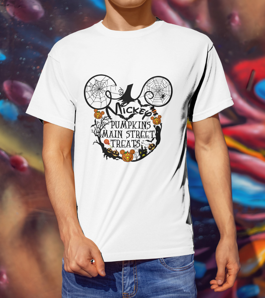 Mickey Pumpkins Main Street Treats Halloween Spooky Ears And Cobwebs T-Shirt