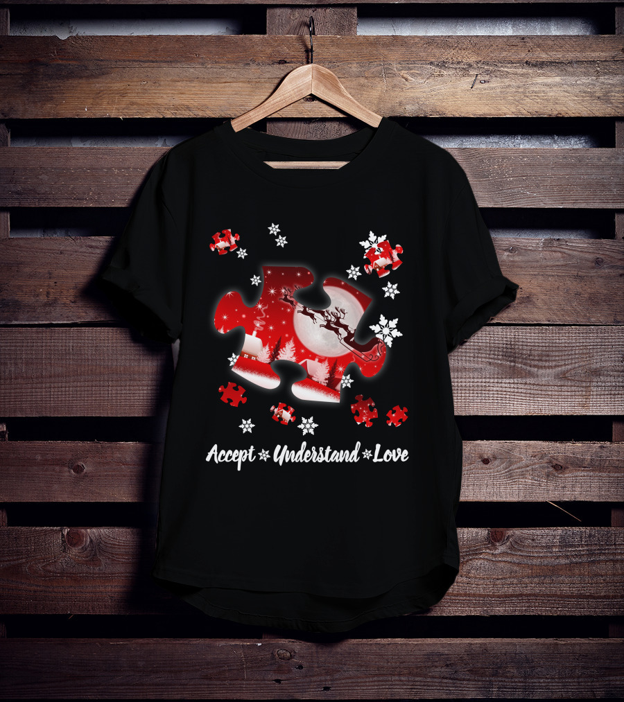 Accept Understand Love Autism Puzzle Christmas Snowflakes Santa Sleigh T-Shirt