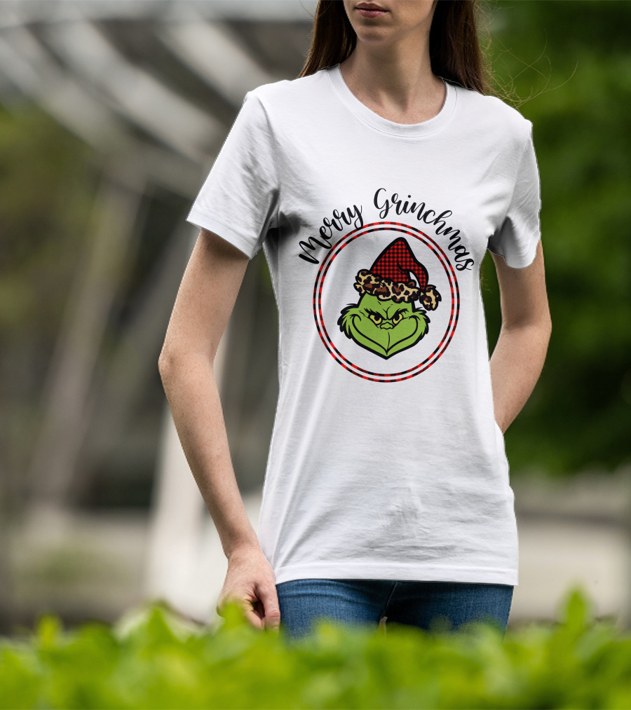 Merry Grinchmas Plaid Santa Hat Grinch Face T-Shirt