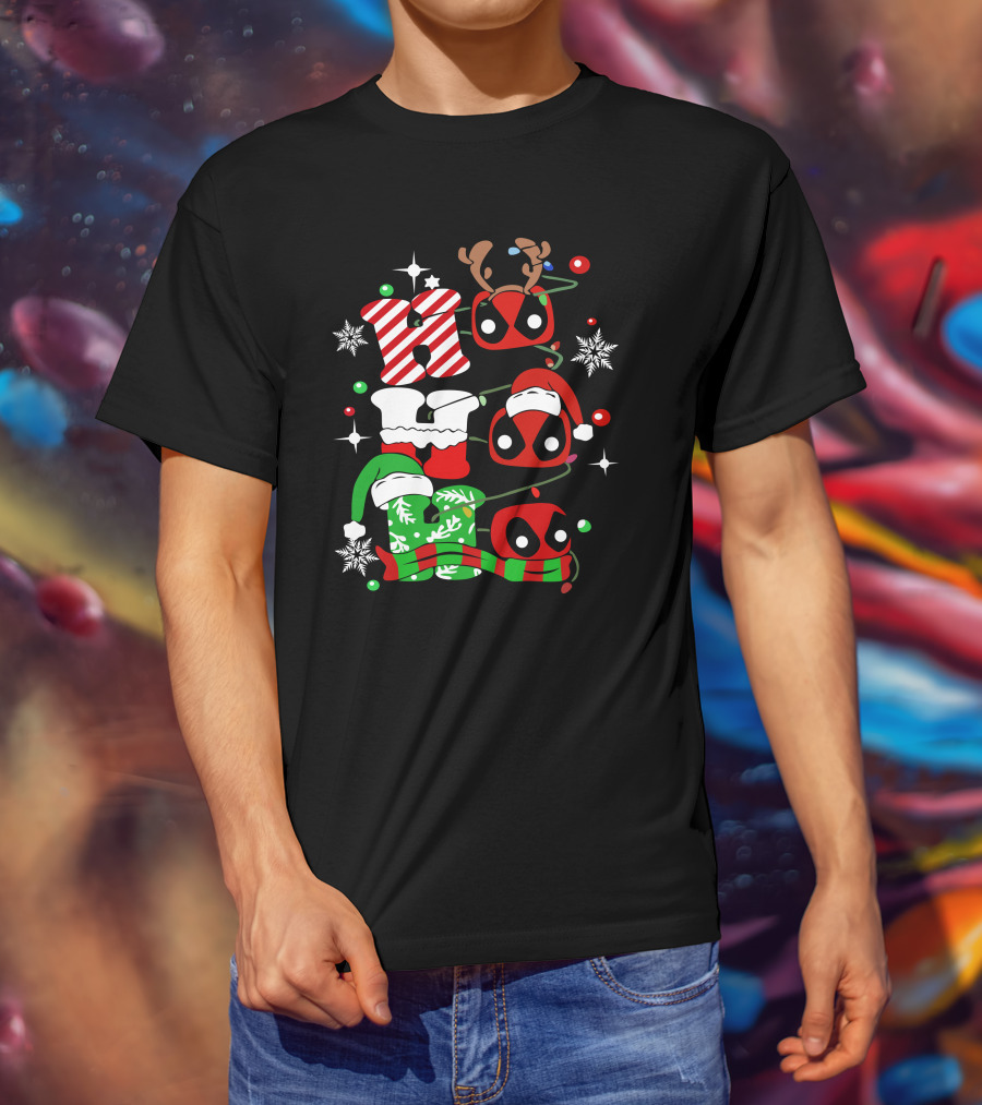 Deadpool Ho Ho Ho Christmas Reindeer Antlers Santa Hat Snowflakes T-Shirt