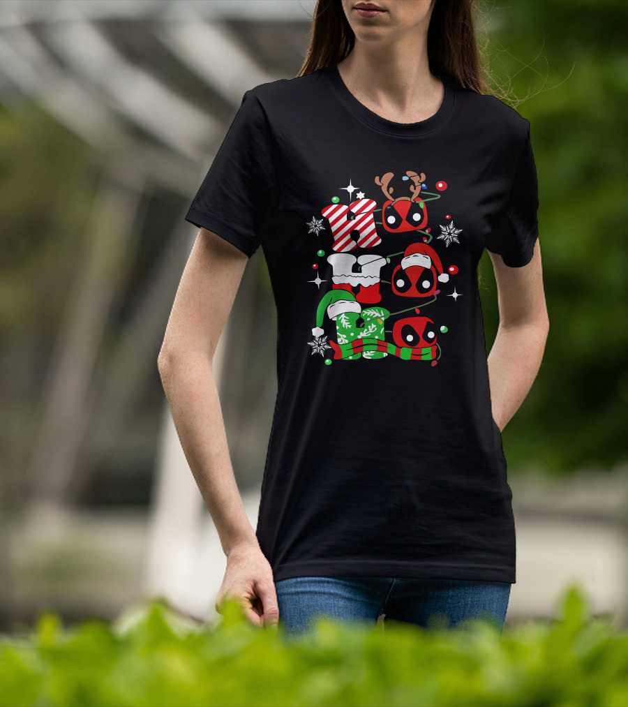 Deadpool Ho Ho Ho Christmas Reindeer Antlers Santa Hat Snowflakes T-Shirt