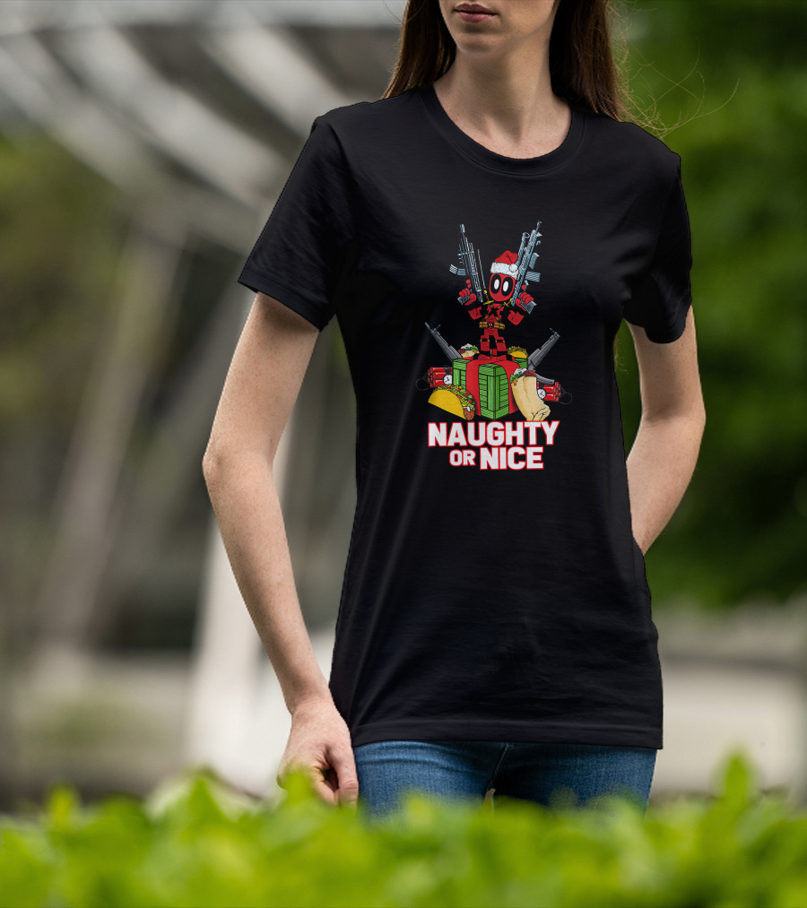 Naughty Or Nice Deadpool Christmas Guns Tacos Burritos T-Shirt