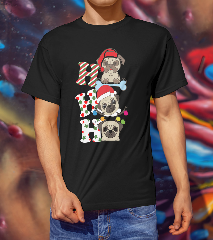Ho Ho Ho Christmas Pug With Santa Hats And Holiday Lights T-Shirt