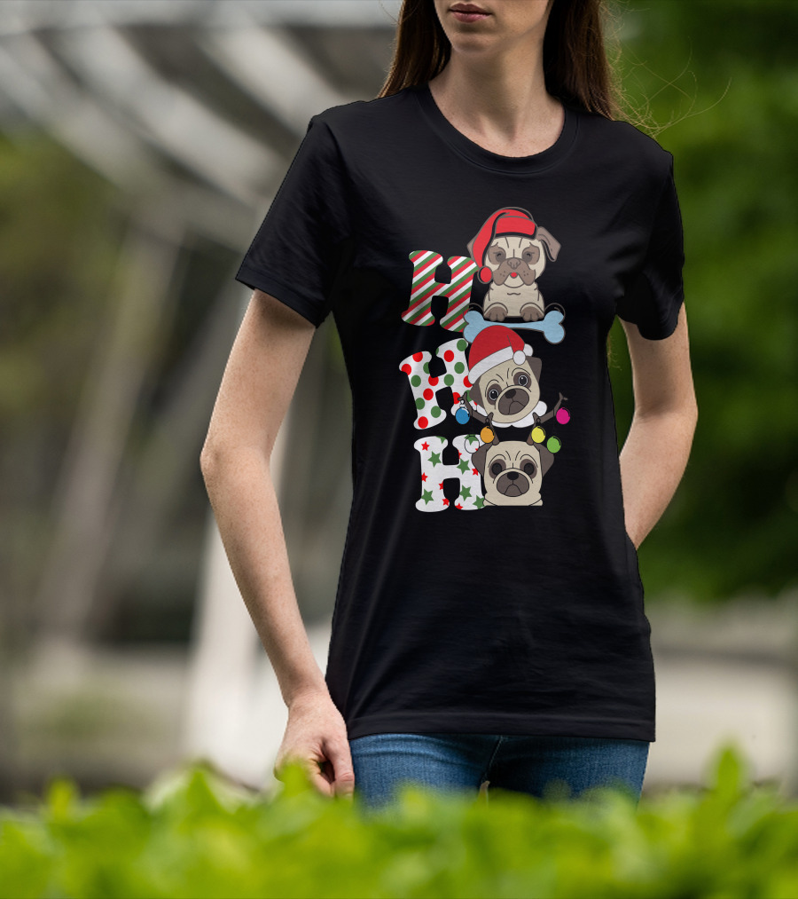 Ho Ho Ho Christmas Pug With Santa Hats And Holiday Lights T-Shirt