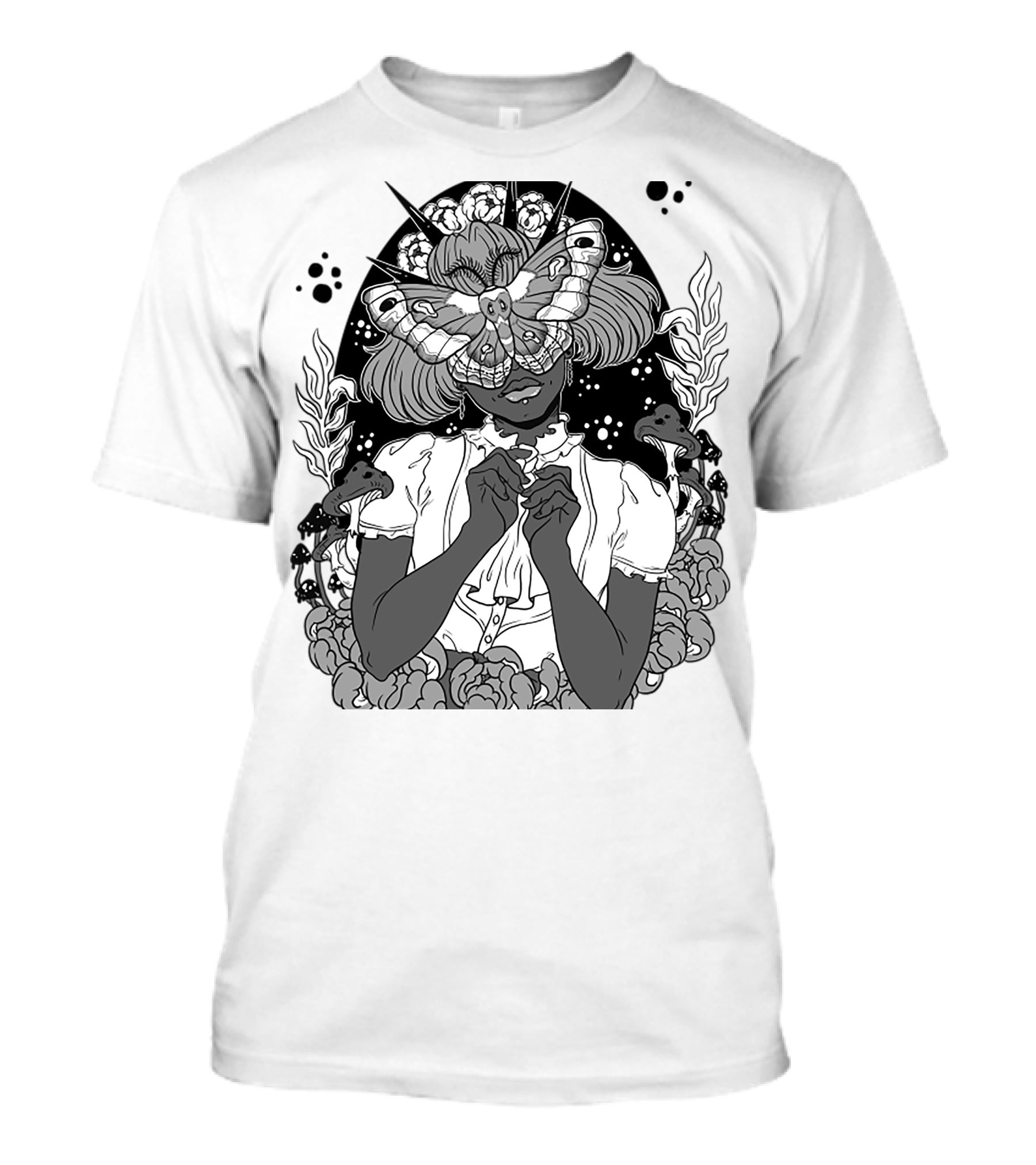 Moth The Seer Mystical Vision With Mushrooms And Floral Elements T-Shirt