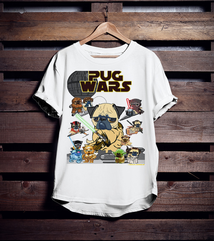Pug Wars Star Parody With Iconic Characters And Spaceships T-Shirt