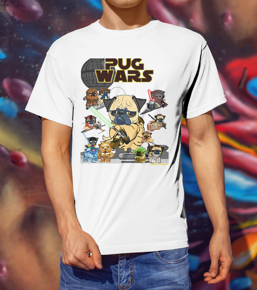 Pug Wars Star Parody With Iconic Characters And Spaceships T-Shirt