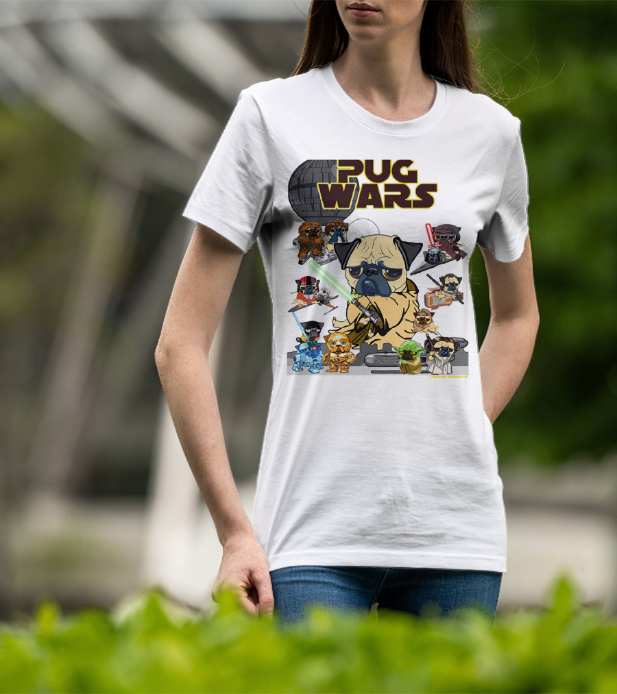 Pug Wars Star Parody With Iconic Characters And Spaceships T-Shirt