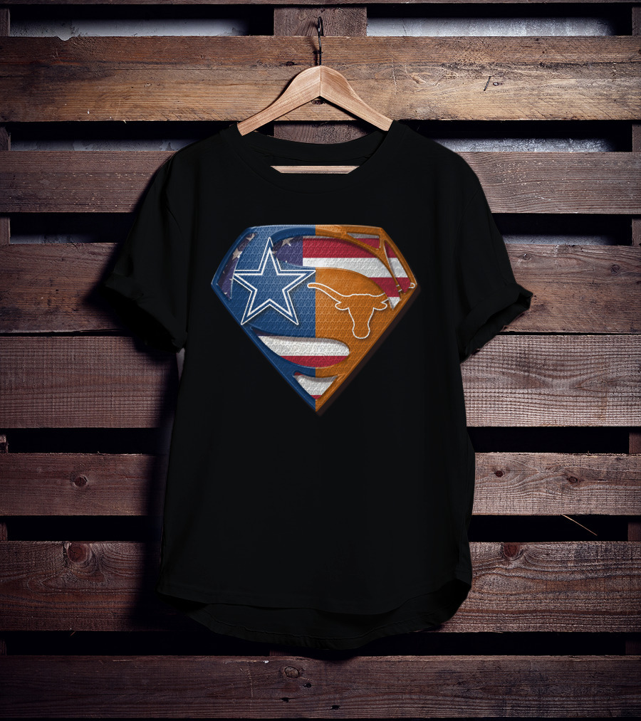 Dallas Cowboys Texas Longhorns Superman Shield American Flag Blend T-Shirt
