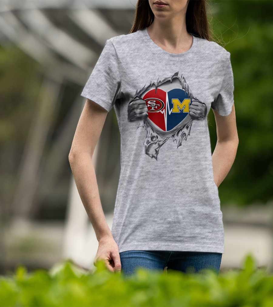Michigan Wolverines Heartbeat San Francisco 49ers Fan Passion Fusion T-Shirt