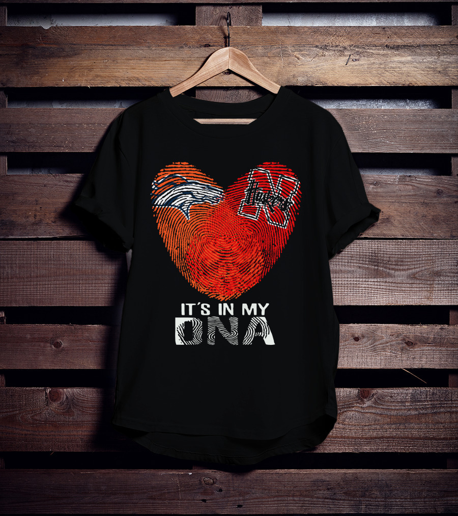 Denver Broncos Nebraska Cornhuskers Heart Thumbprint It's In My DNA T-Shirt