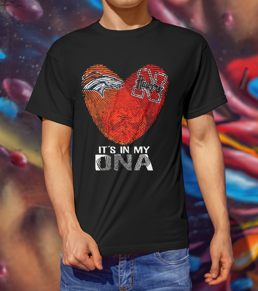 Denver Broncos Nebraska Cornhuskers Heart Thumbprint It's In My DNA T-Shirt