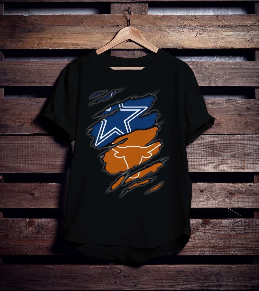 Cowboys Star And Texas Longhorns Logo Peeking Through Ripped T-Shirt