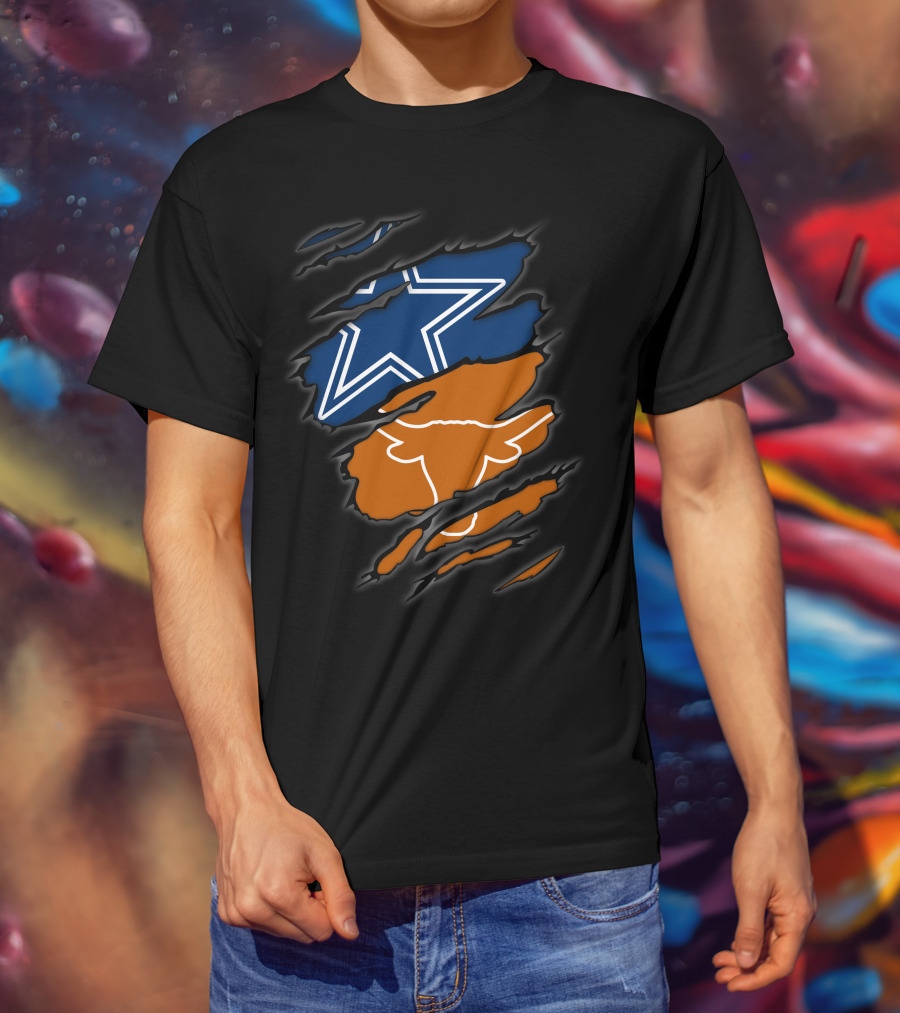 Cowboys Star And Texas Longhorns Logo Peeking Through Ripped T-Shirt