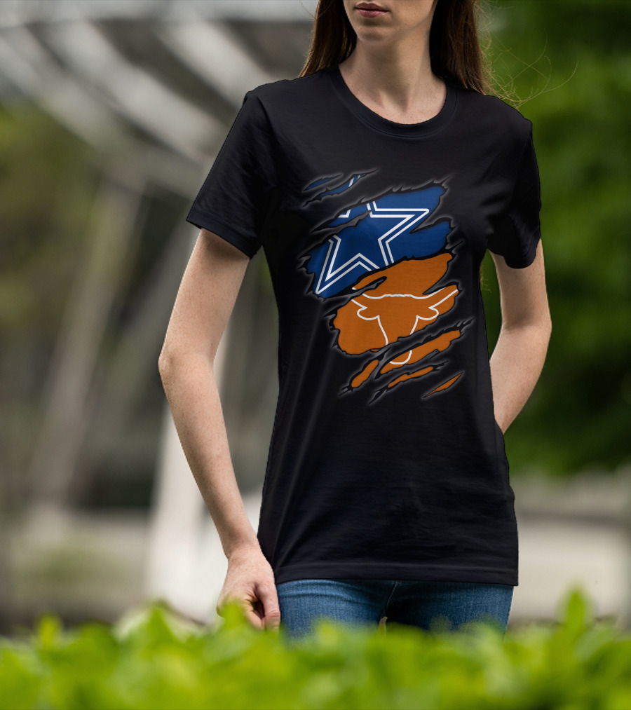 Cowboys Star And Texas Longhorns Logo Peeking Through Ripped T-Shirt