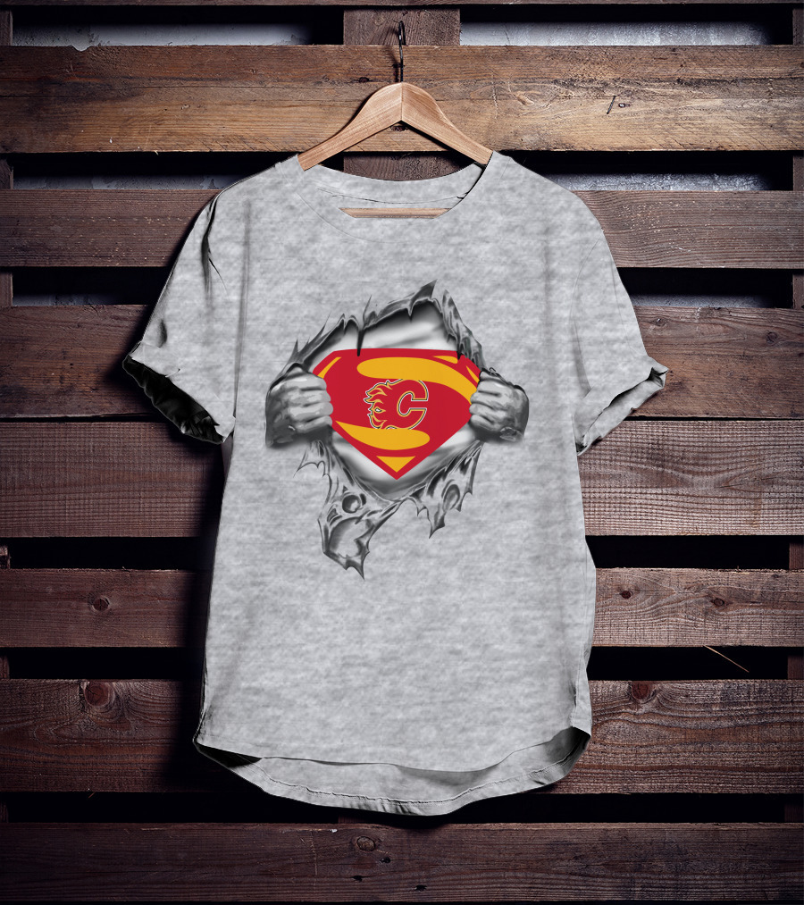 Calgary Flames Superman Logo Peeking Through Ripped Costume T-Shirt