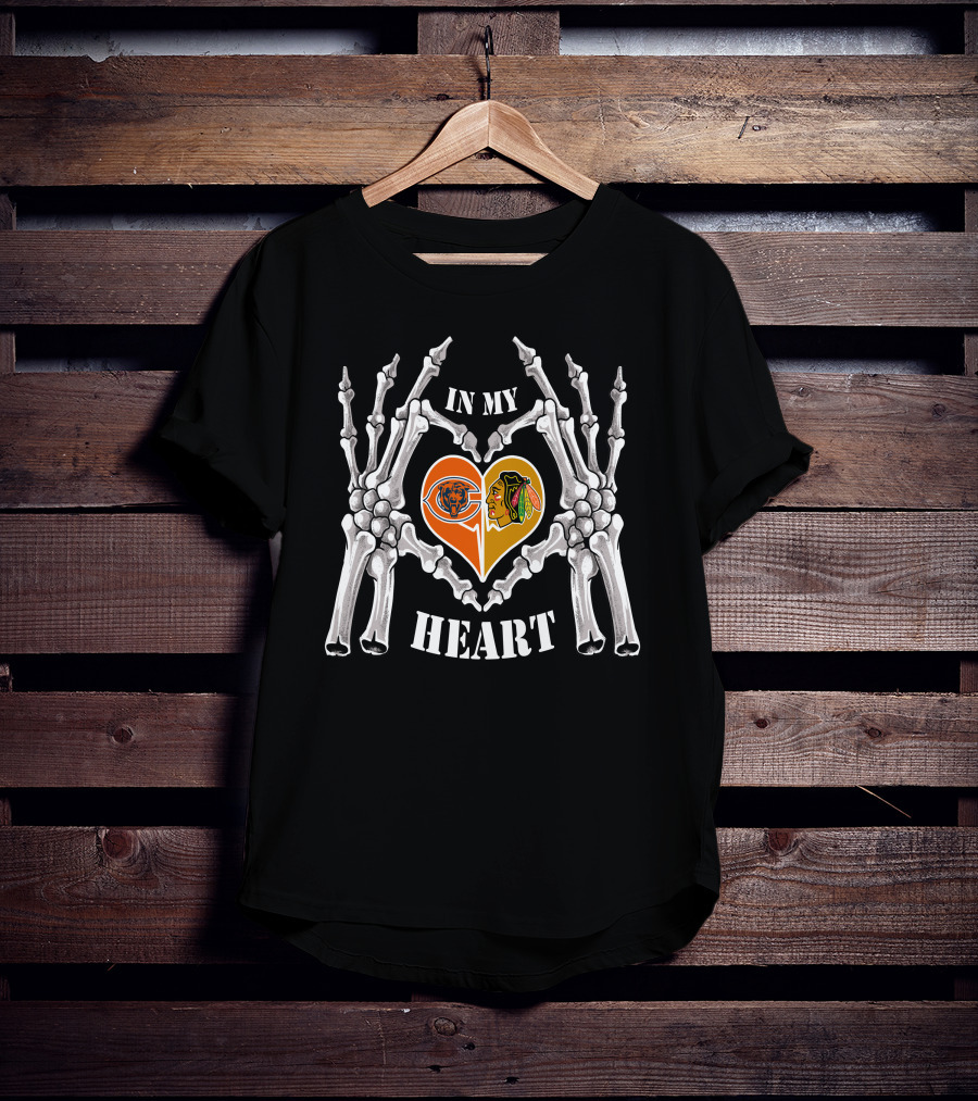 Chicago Bears Blackhawks In My Heart Skeleton Hands T-Shirt
