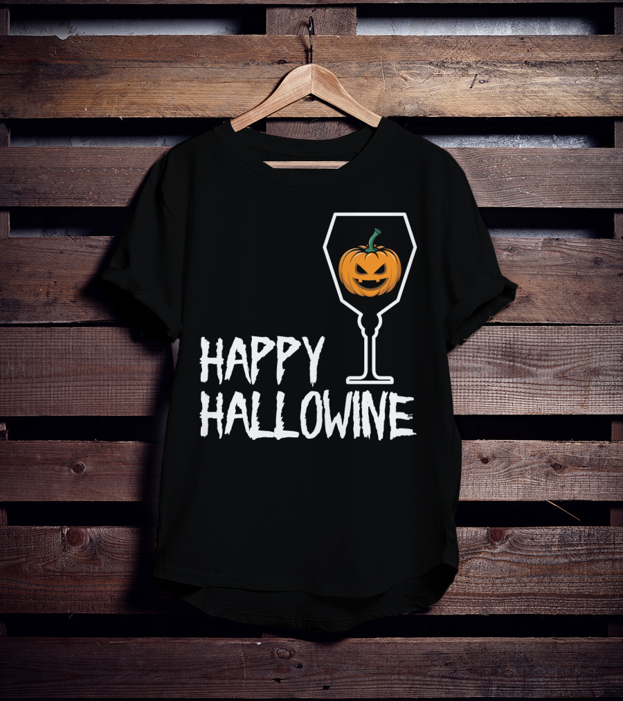 Happy Hallowine Jack-o'-Lantern Wine Glass Halloween Drinking Lover T-Shirt