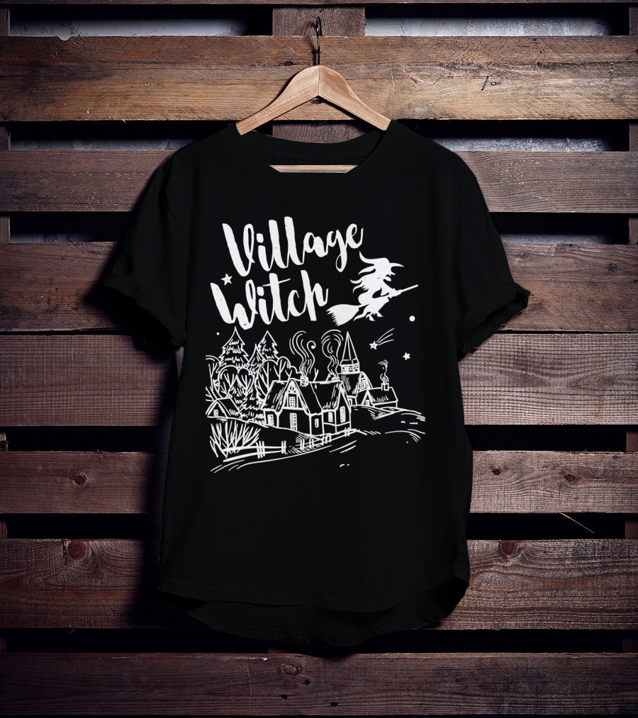 Village Witch Flying Over Enchanted Village Scene T-Shirt