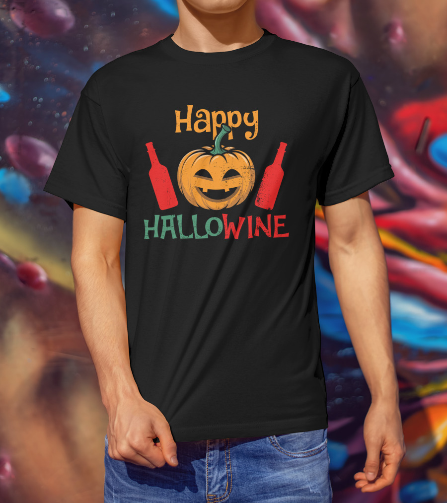 Happy Hallo Wine Pumpkin Jack-O'-Lantern With Wine Bottles T-Shirt