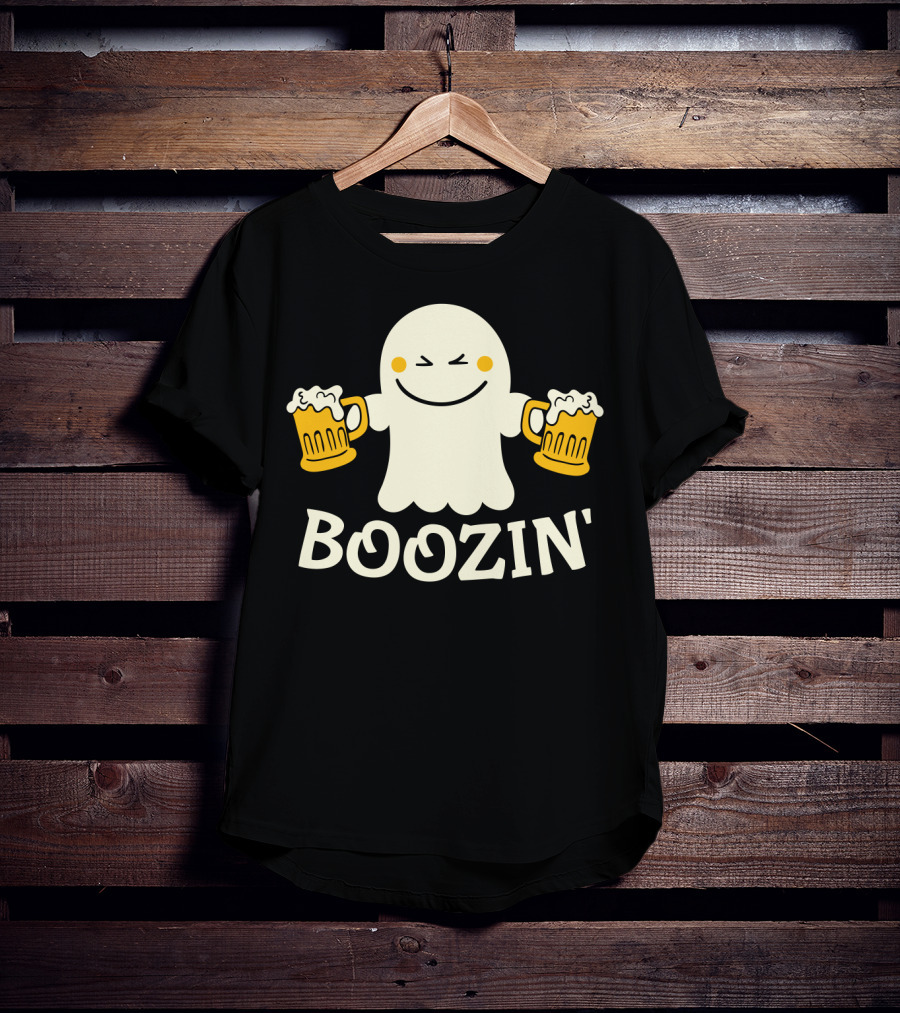 Boozin Ghost With Beer Mugs Halloween Fun T-Shirt