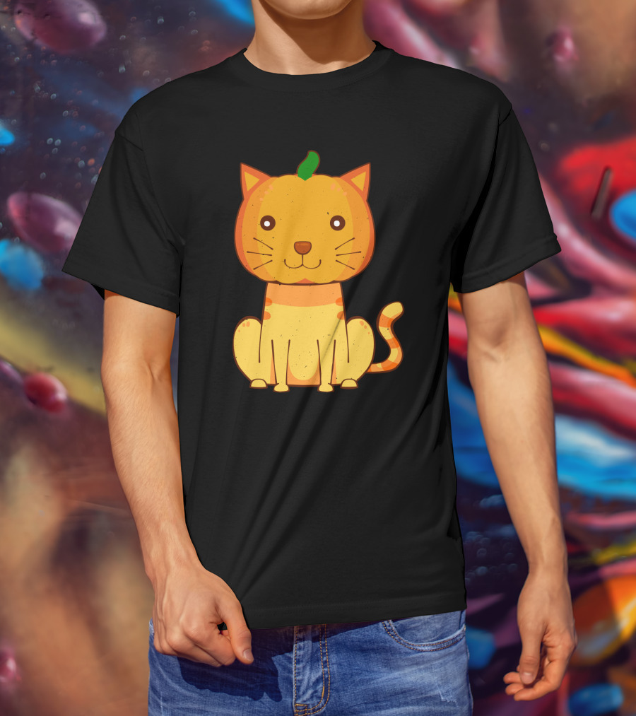 Halloween Pumpkin Cat Face And Striped Tail Whiskers T-Shirt