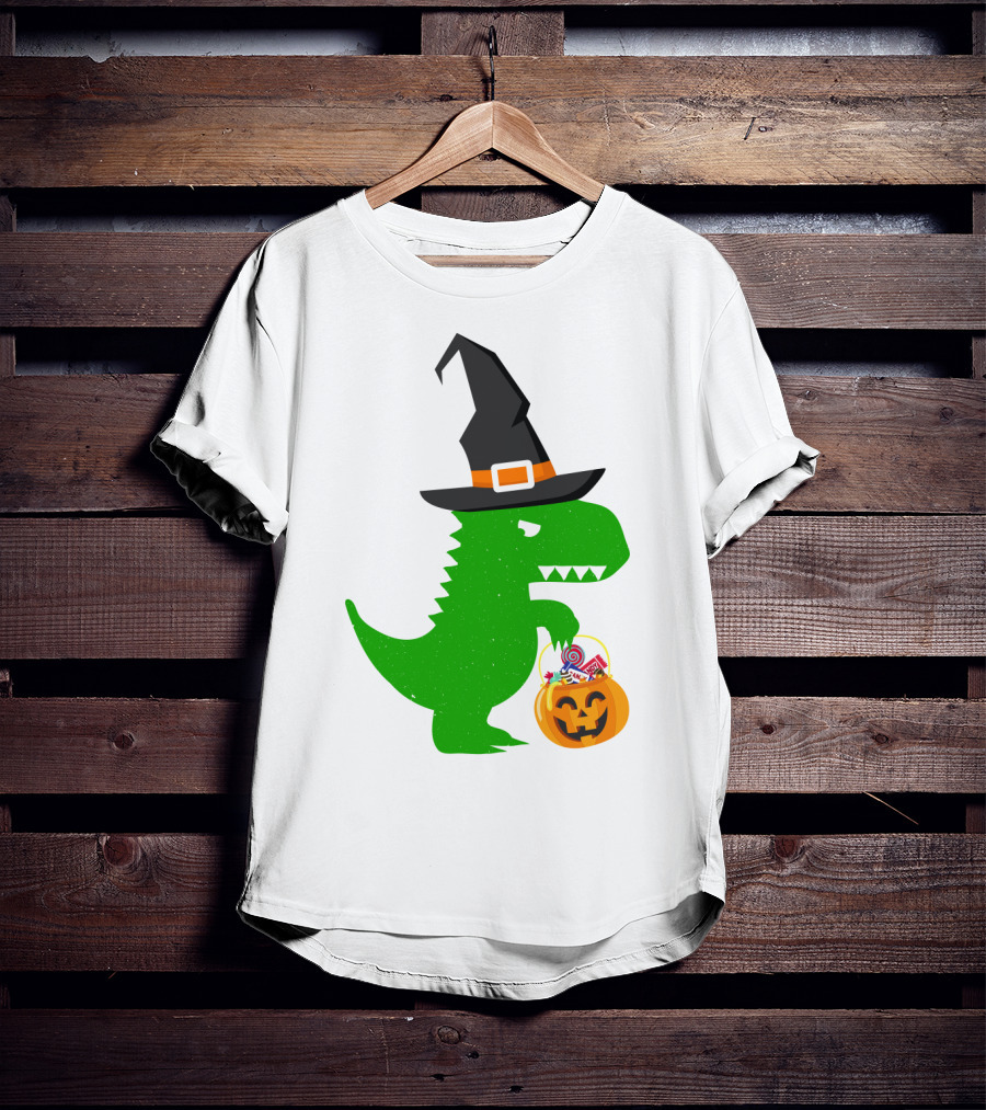 Witch Hat Dinosaur With Pumpkin Candy Bucket Halloween T-Shirt