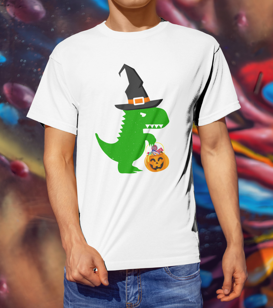 Witch Hat Dinosaur With Pumpkin Candy Bucket Halloween T-Shirt