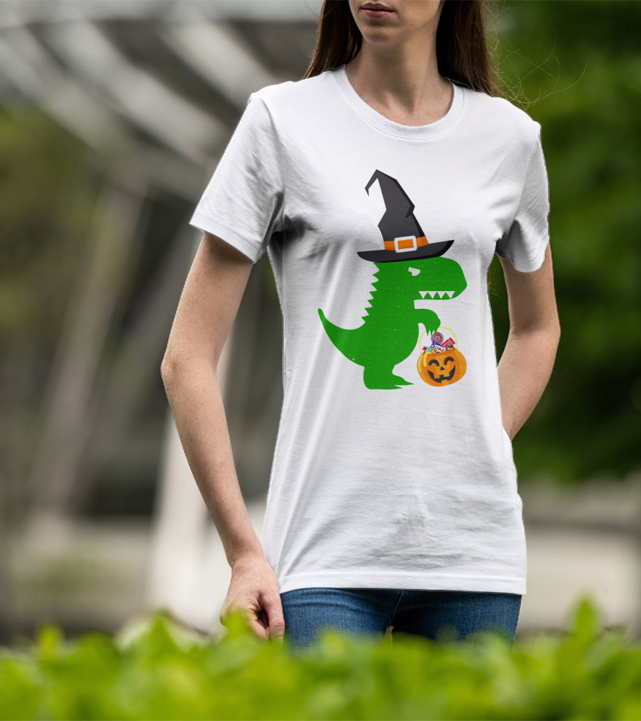 Witch Hat Dinosaur With Pumpkin Candy Bucket Halloween T-Shirt