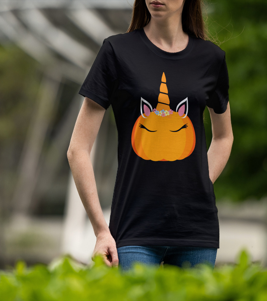Unicorn Pumpkin With Floral Crown And Sleepy Eyes T-Shirt