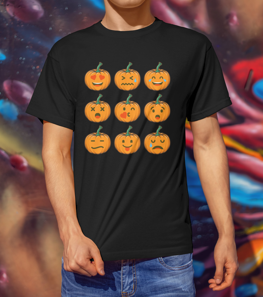 Nine Cute Pumpkin Emoji Expressions With Heart Eyes And Tears T-Shirt