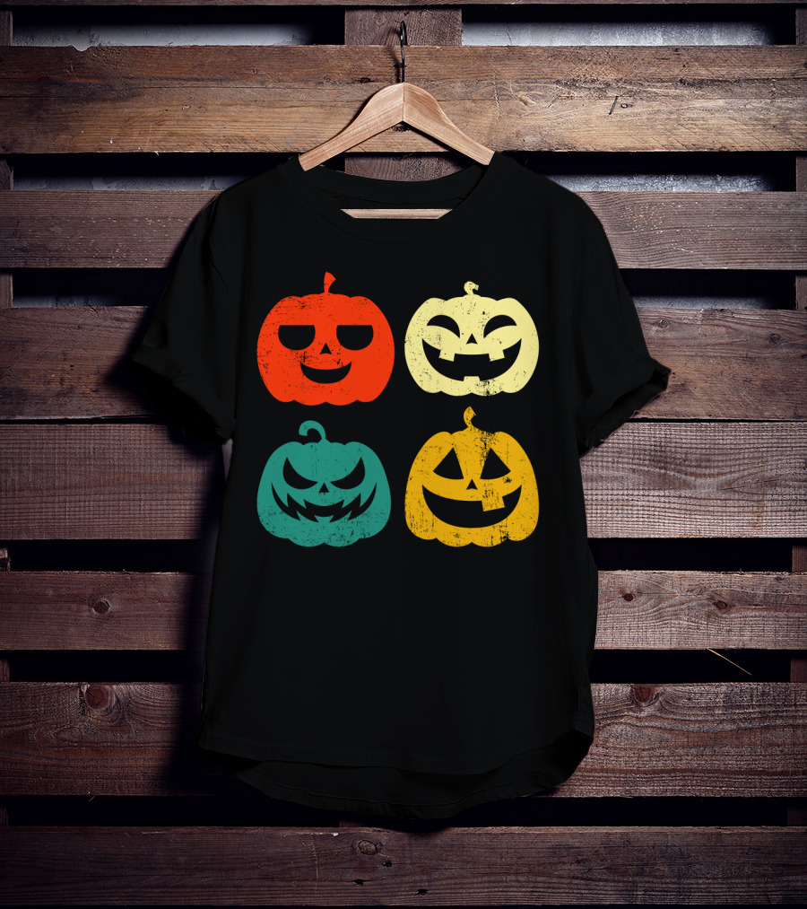 Retro Vintage Pumpkin Halloween Faces Quad Color Grid T-Shirt