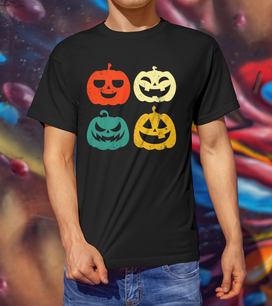 Retro Vintage Pumpkin Halloween Faces Quad Color Grid T-Shirt