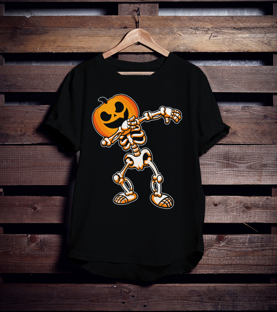 Dabbing Skeleton With Pumpkin Head Halloween Humor T-Shirt