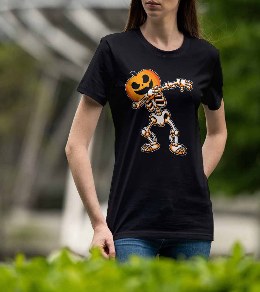 Dabbing Skeleton With Pumpkin Head Halloween Humor T-Shirt