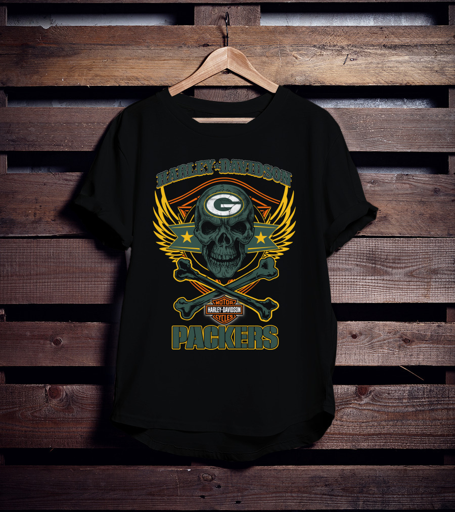 Harley Davidson Green Bay Packers Skull Motor Cycles T-Shirt