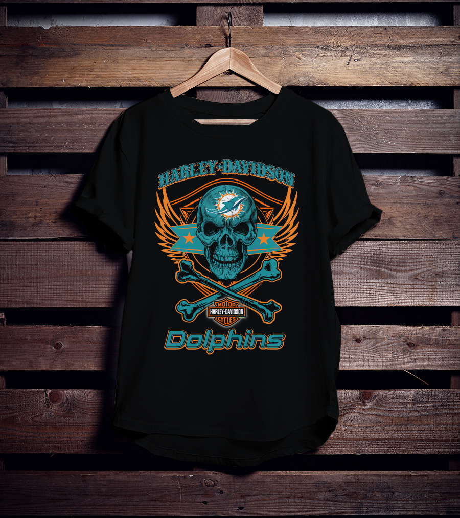 Harley Davidson Motorcycles Miami Dolphins Skull And Crossbones T-Shirt