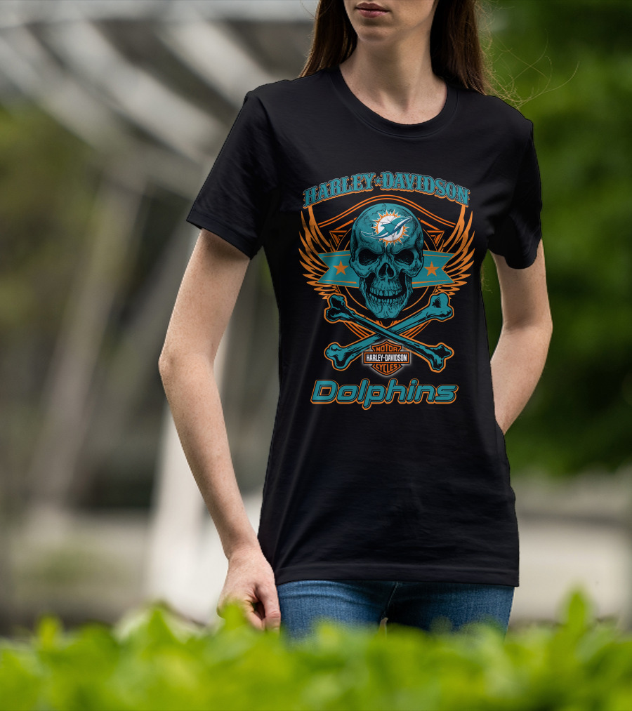 Harley Davidson Motorcycles Miami Dolphins Skull And Crossbones T-Shirt
