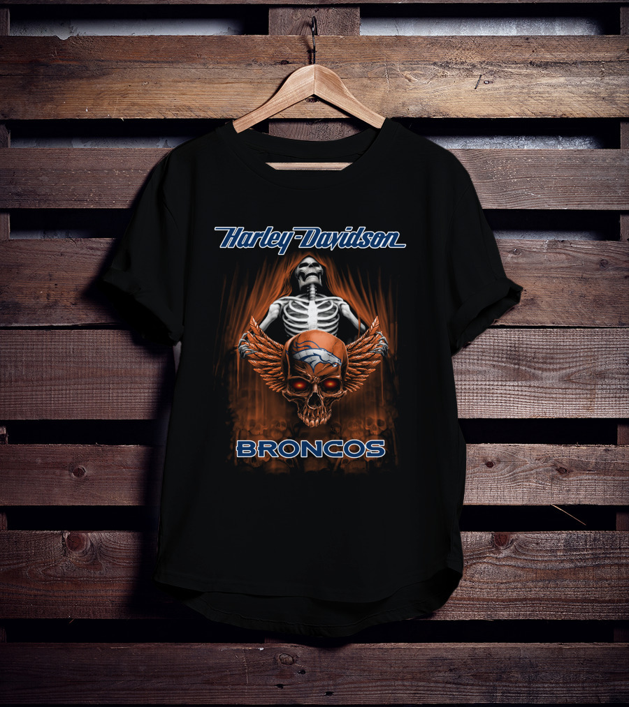 Harley Davidson Broncos Skull Skeleton Denver T-Shirt