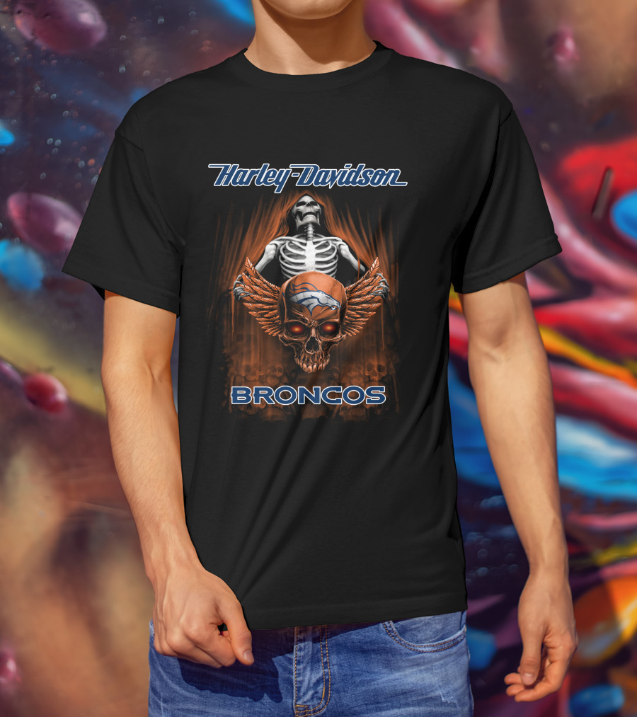 Harley Davidson Broncos Skull Skeleton Denver T-Shirt