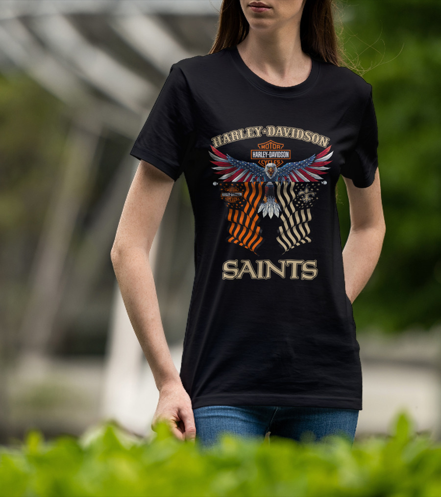 Harley Davidson Saints New Orleans Motorcycle Flag Eagle Fleur-De-Lis T-Shirt