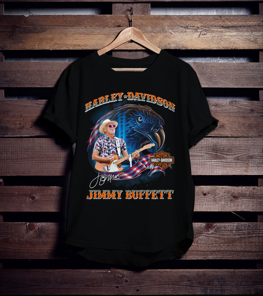 Harley Davidson Jimmy Buffett American Flag Eagle Guitar T-Shirt