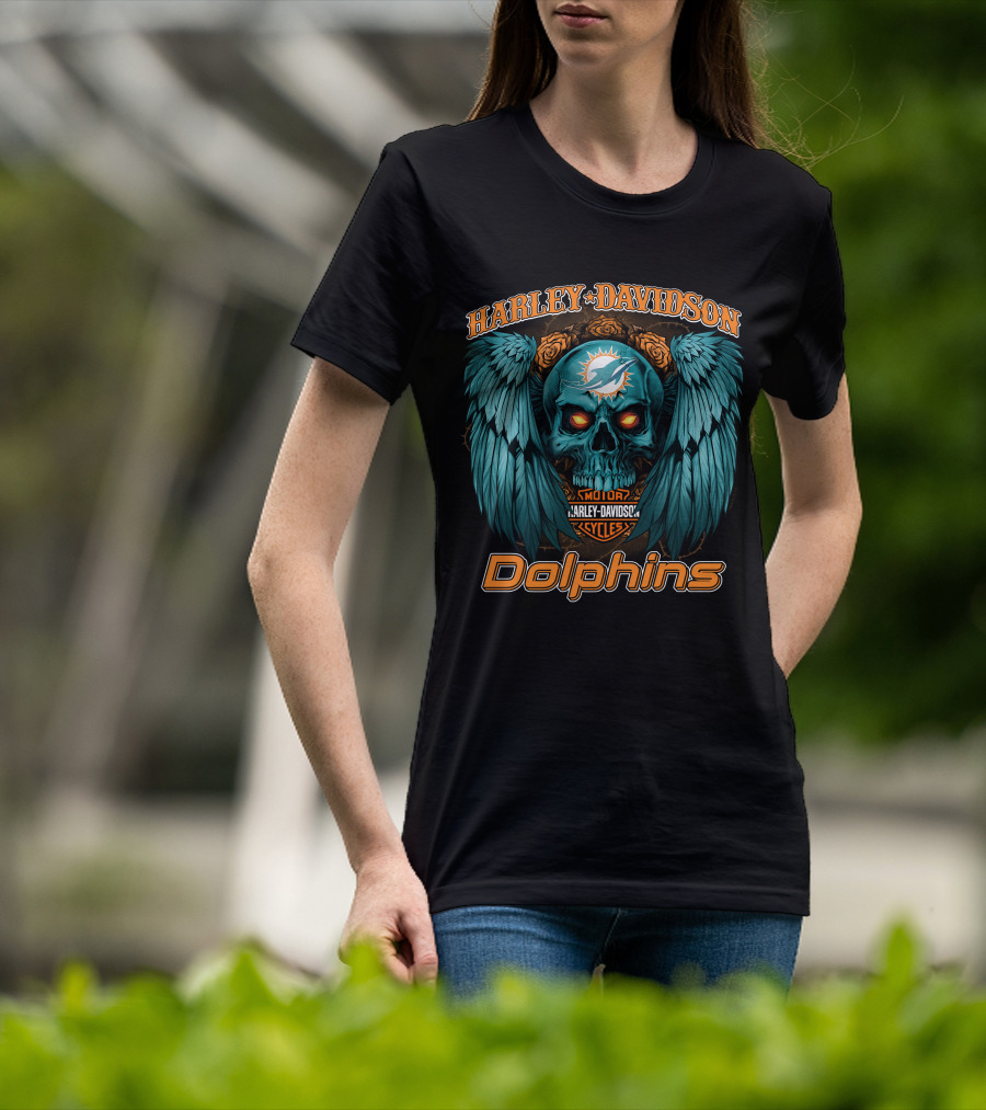 Harley Davidson Miami Dolphins Skull Wings T-Shirt