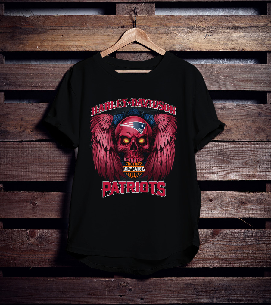 Harley Davidson Motor Cycles New England Patriots Skull Wings T-Shirt