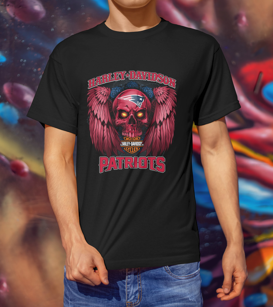Harley Davidson Motor Cycles New England Patriots Skull Wings T-Shirt