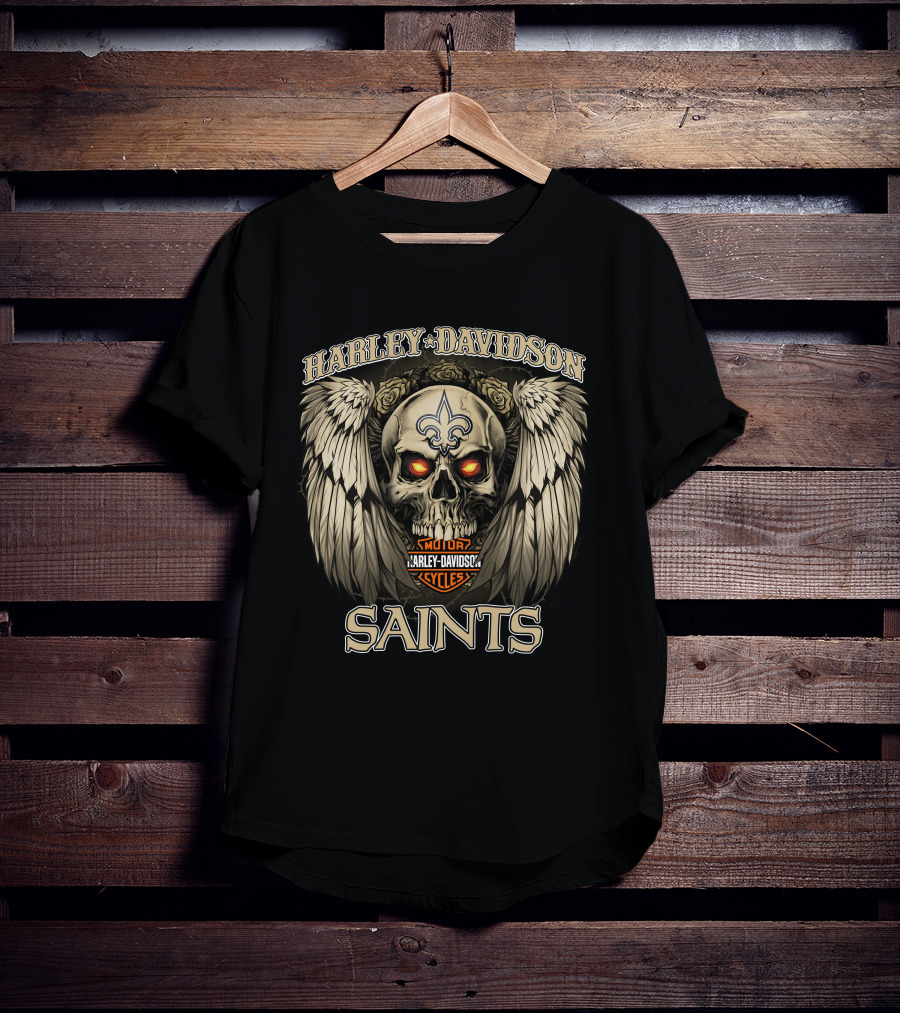 Harley Davidson Motor Cycles New Orleans Saints Skull Wings Fleur-De-Lis T-Shirt